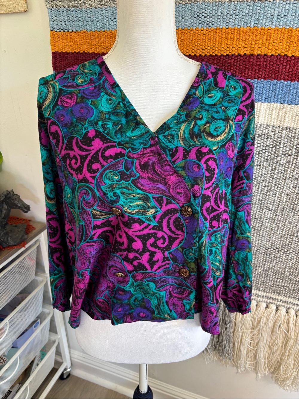 Vintage Abstract Swirl Floral Button-Front Women's Shirt - Purple & Teal
